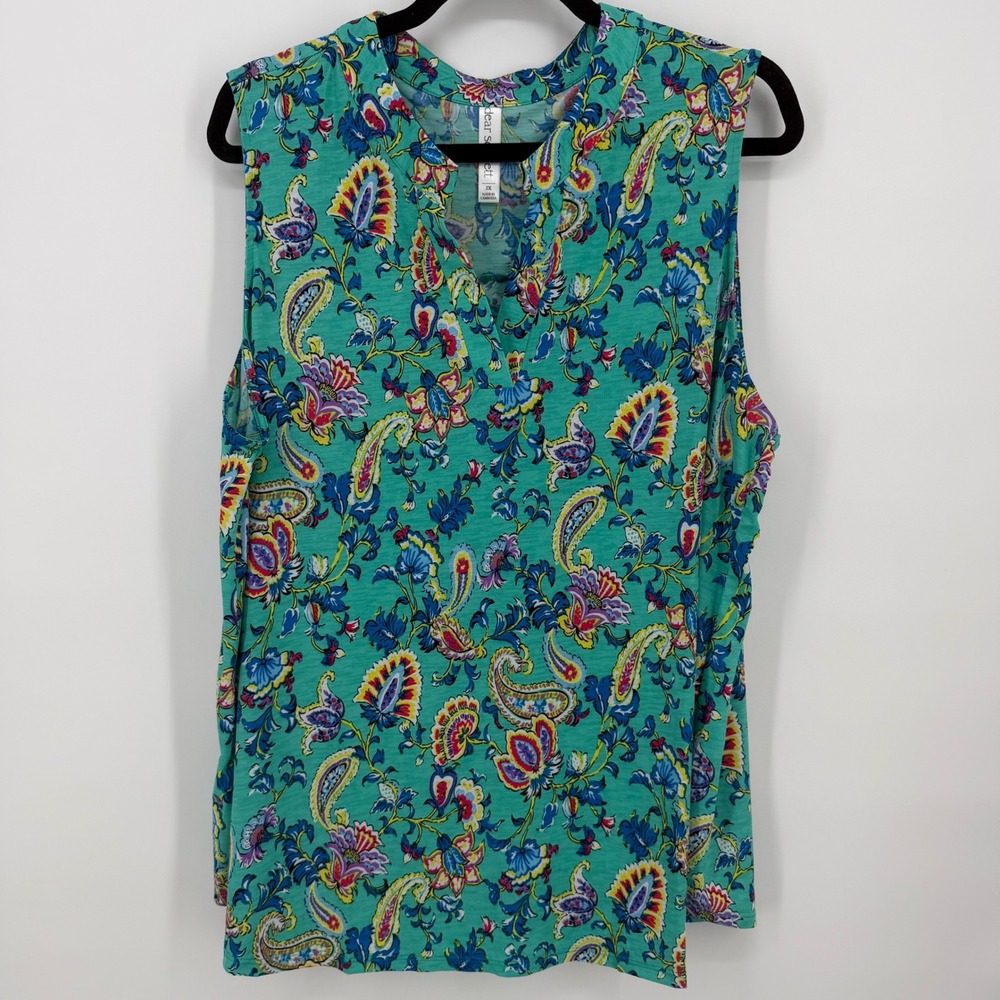 Dear Scarlett Teal Paisley Floral Sleeveless Notched V-Neck‎ Blouse Top 2X